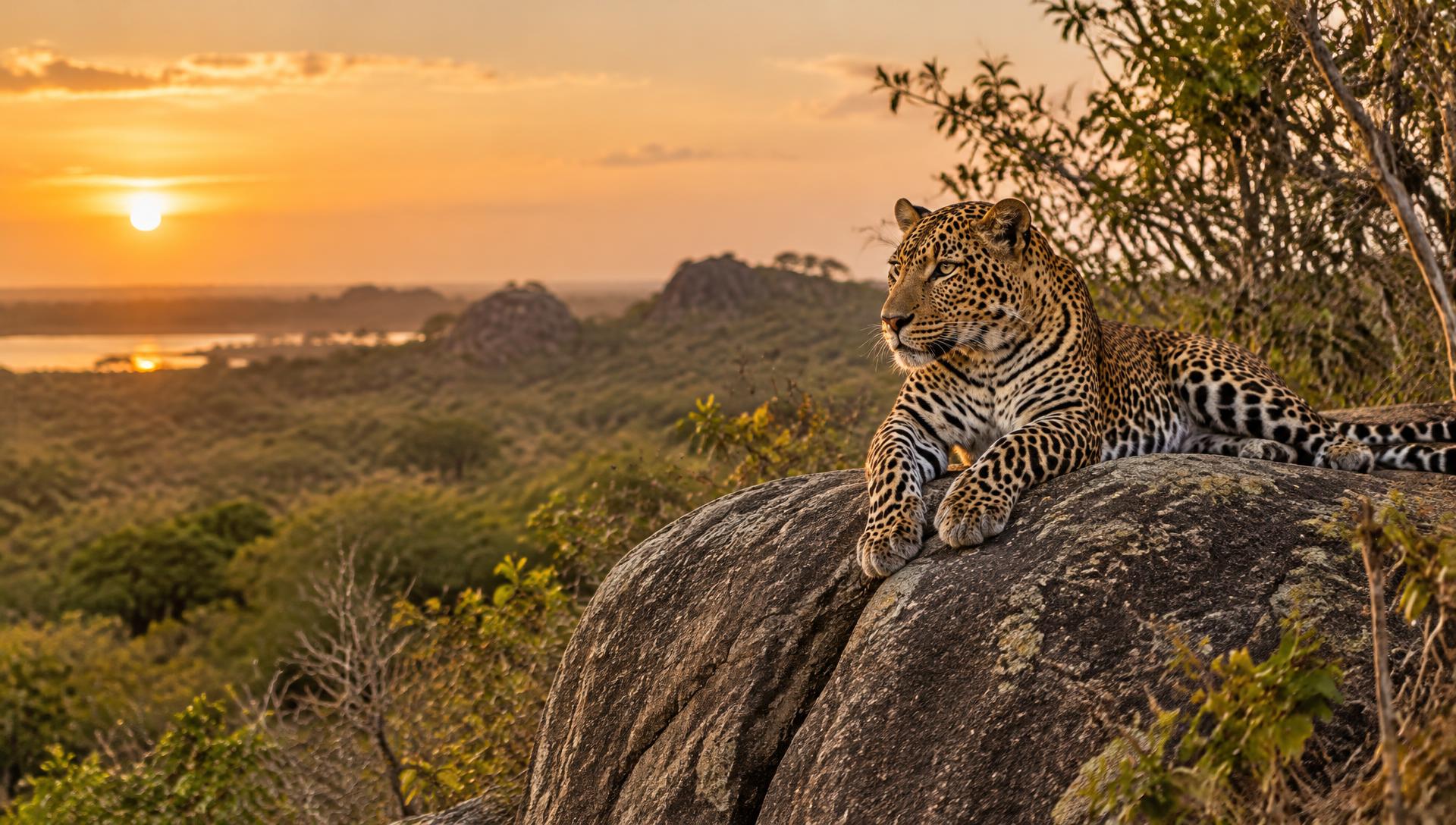 Sri Lankan leopard resting on a granite rock in Yala National Park at sunset